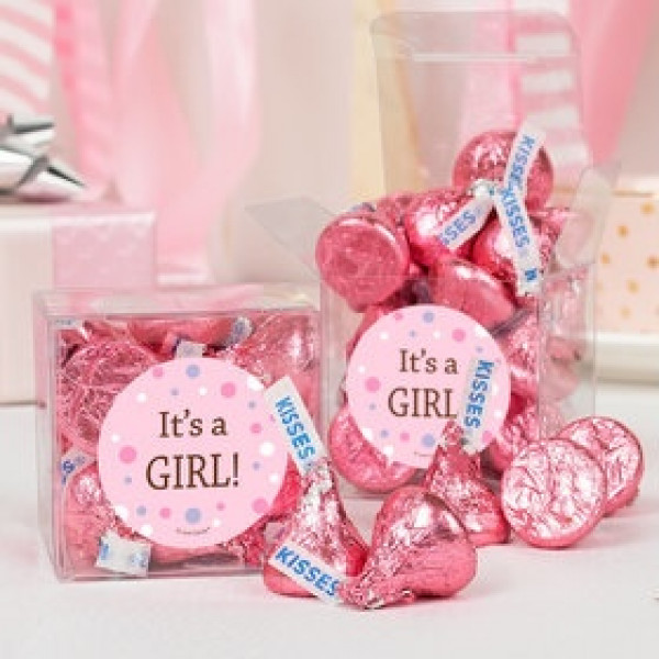 Clear boxes with its a girl or its boy tags with kisses 